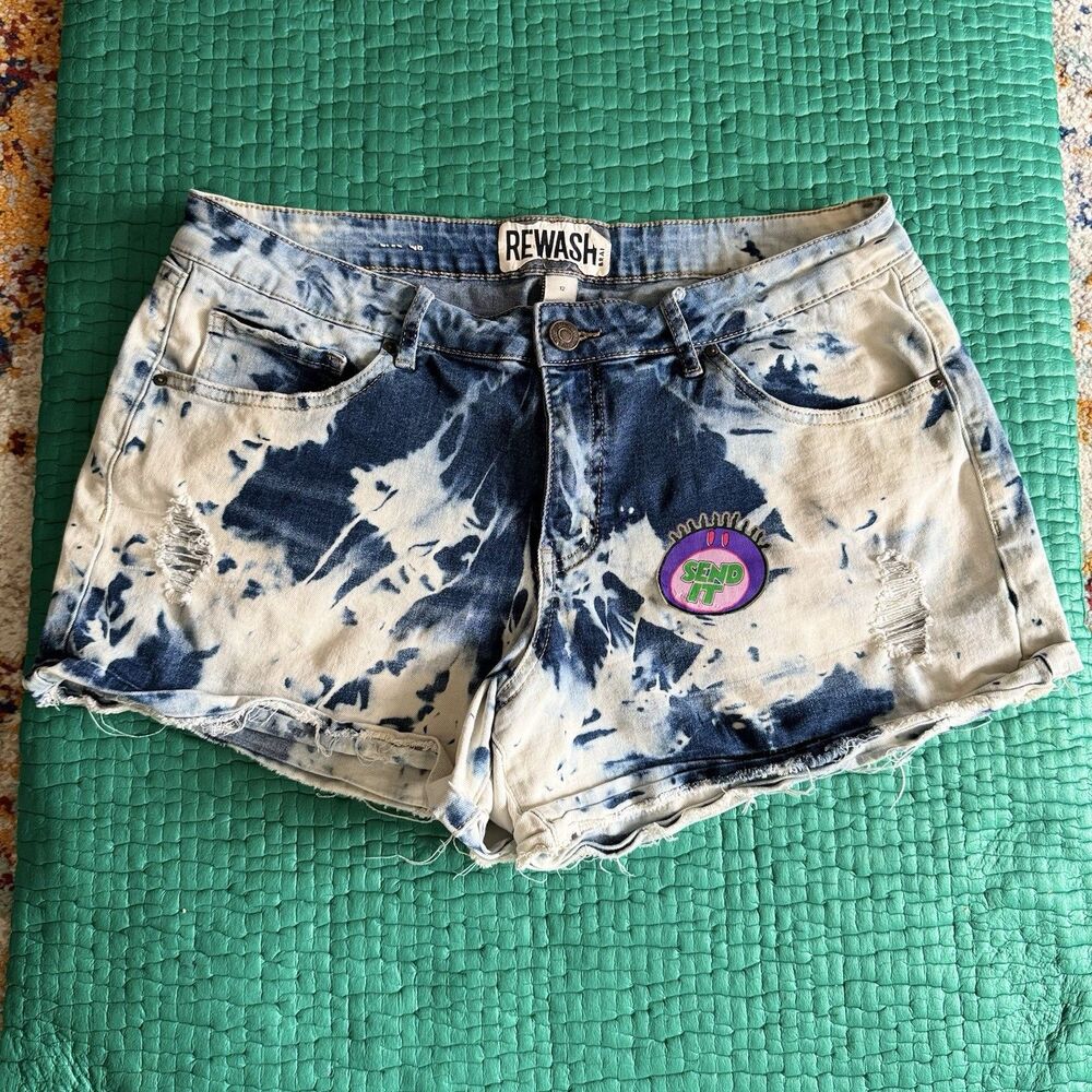 Vintage Rewash Denim Shorts Women 12 Blue Hand Dyed Custom Acid Wash Distressed